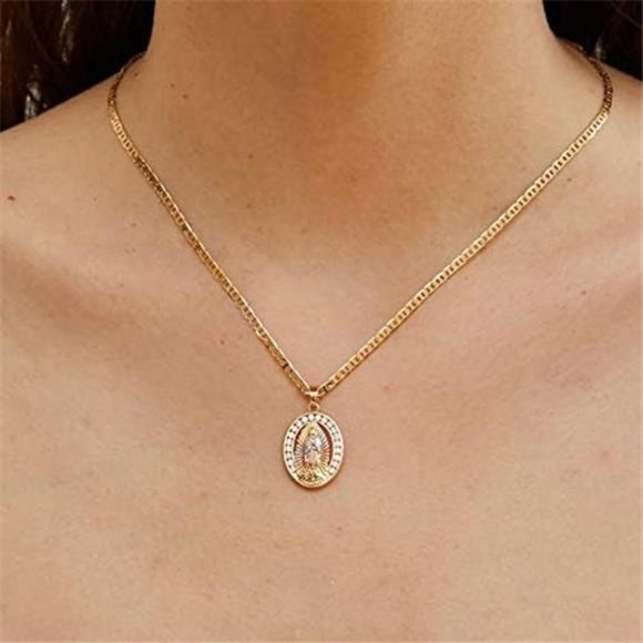 18K Gold Plated Three-Tone Crystal Mother Mary Pendant Necklace |  24 Inch - Picture 1 of 3